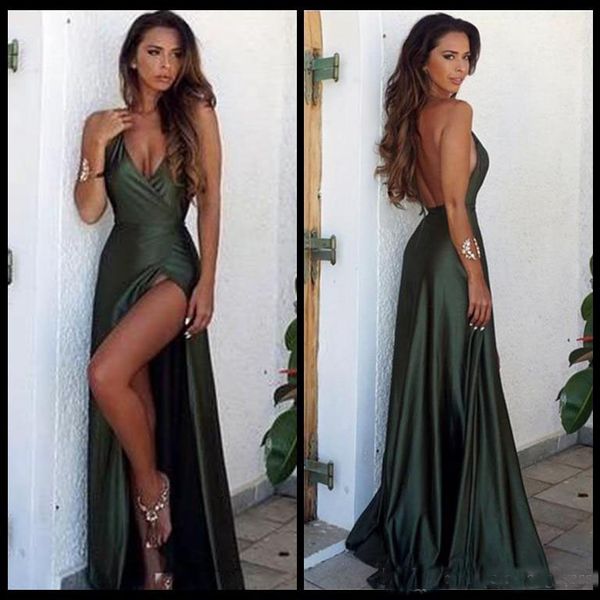 

2018 Dark Green Split Prom Dresses V-Neck Long Floor Length Evening Gowns Backless Custom Size Dresses Evening Wear