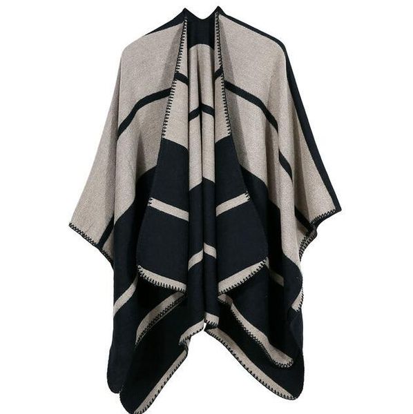 

2018 women imitated cashmere ponchos loose boho winter striped knitting women capes foulard femme, White;black