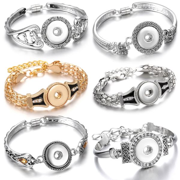 

silver snap bracelet bangle flower carved magnetic snap button bracelet for women men fit 18mm buttons jewelry, Golden;silver