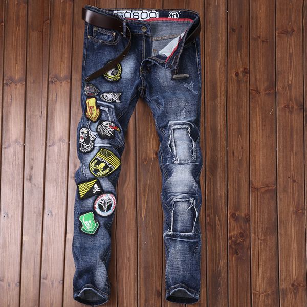 

2018 men's embroidery spliced patches ripped blue denim trousers male fashion slim colored patch zipper fly straight jeans pants