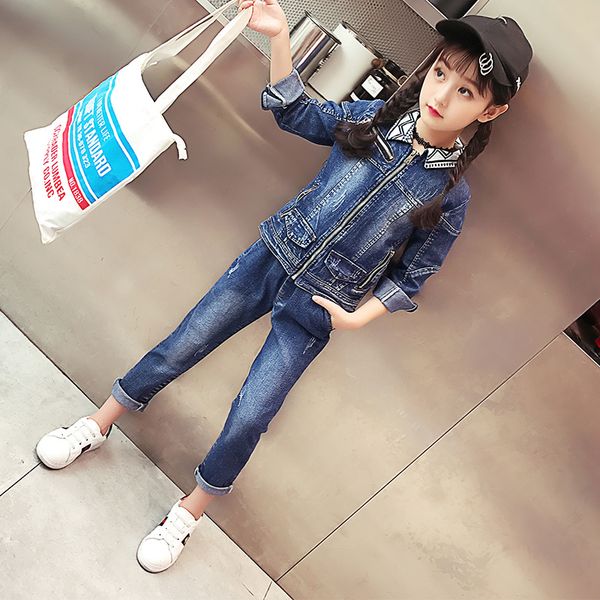 

2018 2pcs outfit children suit fashion toddler kids clothing set baby girls denim coat + jean denim pant for 3 8 10 12 year, White