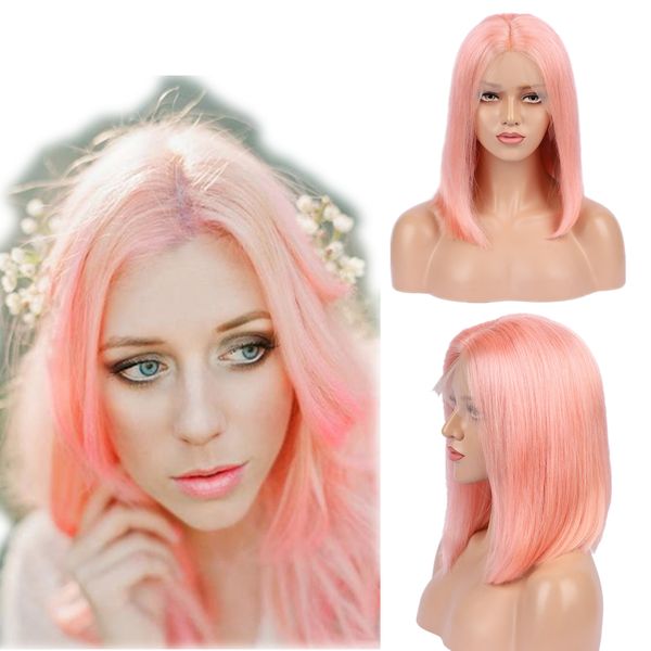 Bob Haircut Pure Pink Color Virgin Hair Lace Front Wig Unprocessed