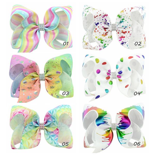 A borboleta pontilha listrado do arco-íris impressão 6 '' Grosgrain Ribbon Bows Rhinestone cintura com clip para menina miúdos Acessórios de cabelo 12pcs HD840