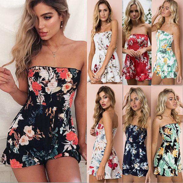 

Summer Bohemian Rompers Floral Printed Stomacher Siamese Trousers Lady Slash Collar Off Shoulder Women Sweet Jumpsuits