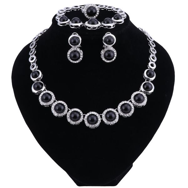 

retro simulated pearl bridal jewelry sets new wedding jewelry ring earrings bracelet necklace sets for women, Black