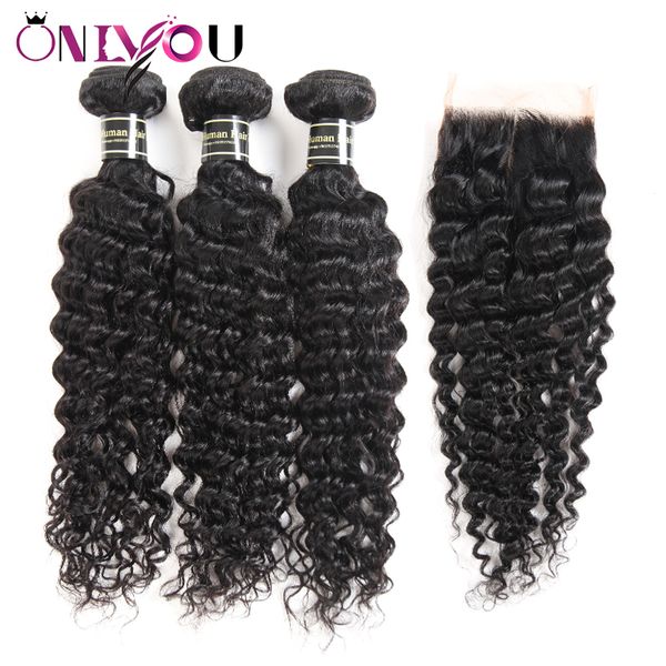 Grande Promoção Feixes de Cabelo Humano Ondulado Profundo com Fecho Cabelo Virgem Brasileiro Cacheado Profundo e Fecho de Renda Extensões de Cabelo Molhado e Ondulado