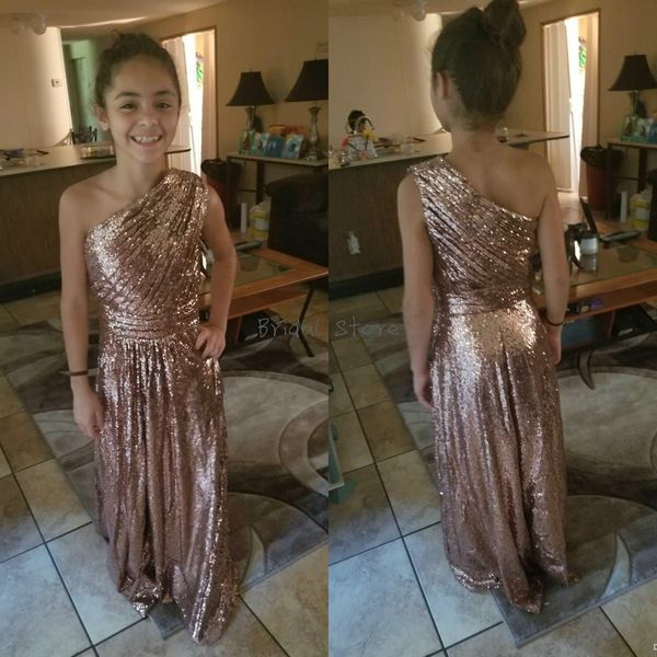 Sparkly Rose Gold One Shoulder Sequins Junior Bridesmaid Dresses Pleat Floor Length Formal Evening Gowns Summer Cute Maid Of Honor Dresses Bridesmaid