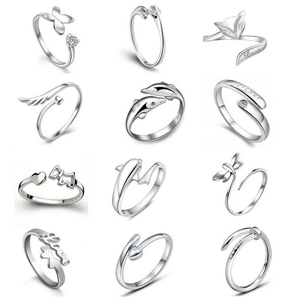 Heiße Verkaufsbeschichtung 925 Sterling Silber Ringe Delfine Libelle Flügel des Engels Liebe Fuchs Schmetterling Öffnung verstellbarer Ring