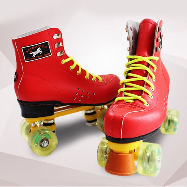 

red women's quad roller skates boots shoes brown lace-up 4 wheels double line skating shoes for outdoor indoor