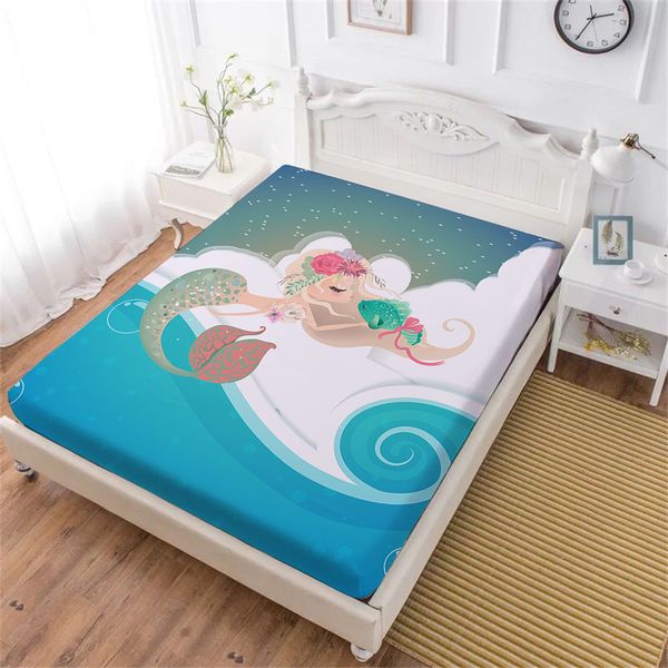

sweet cartoon mermaid bed sheet fish wave print fitted sheet colorful bedclothes twin king queen mattress cover home decor d25