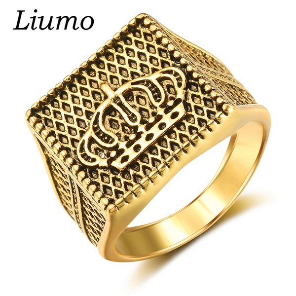 

liumo hip hop style gold color crown alloy men ring lr406, Golden;silver