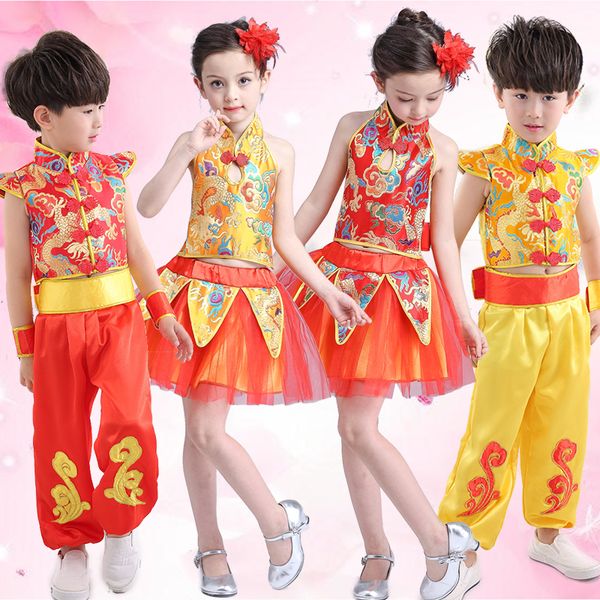 

children's costumes chinese style boys and girls martial arts clothing yangge suits cheering taiwan, Black;red