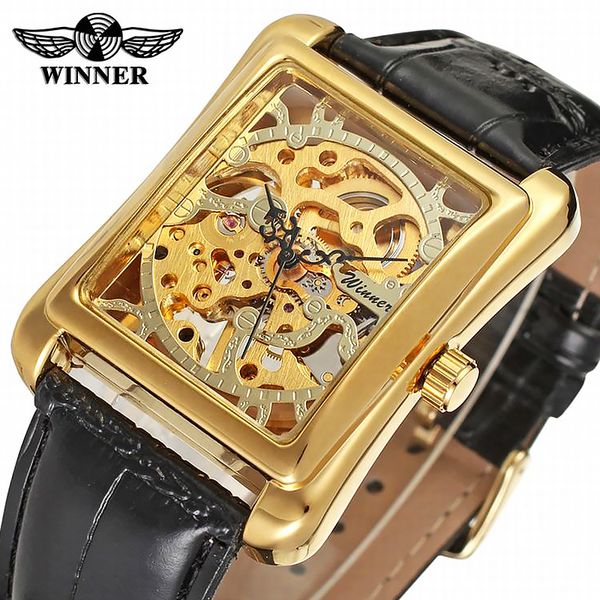 

winner retro casual series rectangle dial design mechanical watch golden pattern hollow leather skeleton clocks, Slivery;brown