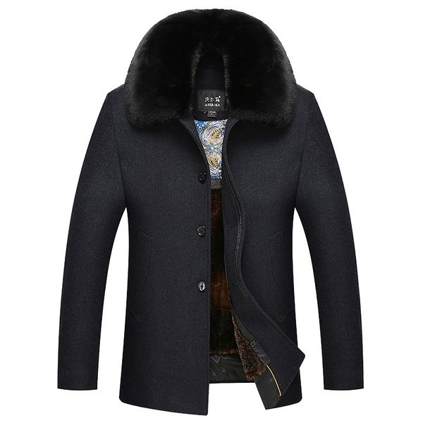 

vogue new fashion winter wool coat men thickened casual single breasted plus velvet with fur collar size m-2xl high quality, Black