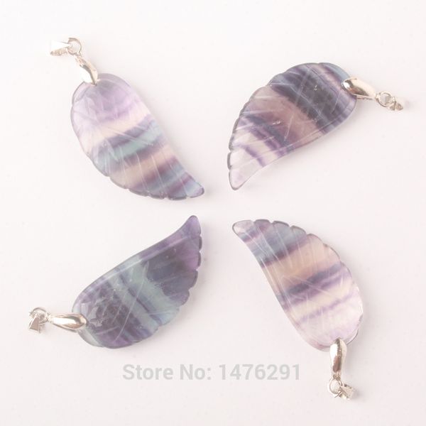 

charm 35x16mm natural fluorite stone bead carved angel wings feather pendant 1pcs, Black
