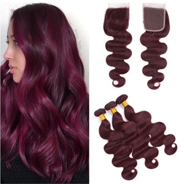 

#99j burgundy virgin hair bundles deals with closure body wave wine red brazilian human hair weaves extensions with 4x4 lace closure, Black