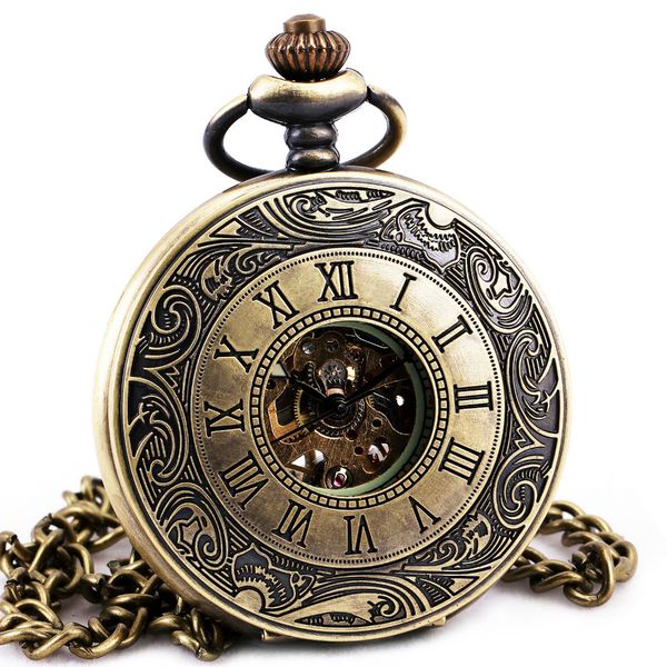 

td retro bronze automatic mechanical pocket watches hollow design roman numerals pendant chain + box, Slivery;golden