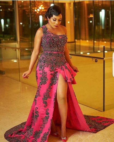 

Fabulou mermaid beaded evening dre e one houlder ide plit prom gown weep train ve tido de fie ta lace appliqued formal dre