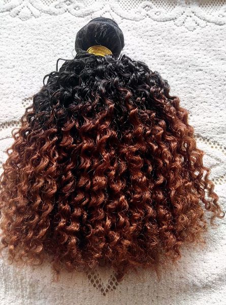 

brazilian human virgin kinky curly hair extensions remy ombre color natural black /brown hair weft 3bundles for full head