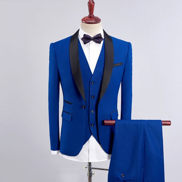 Königsblaue Herrenanzüge 2020 Hochzeit Marineblau Slim Fit Bräutigam Smoking Burgunderroter männlicher Blazer Schwarzer Schalkragen Prom Wear 3-teilige Jacke 283f