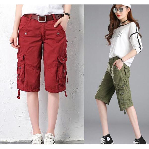 

women cargo shorts pockets knee shorts button streetwear trousers solid loose short pants, White;black