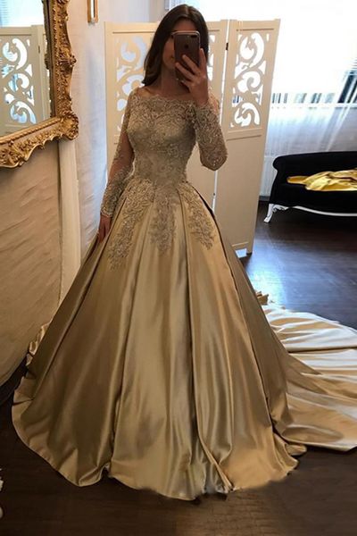 foto taglie Perline con perline Abiti da sposa Abiti da sposa Scollo a barca con spalle scoperte Maniche lunghe Abiti da sposa formali in raso con perline Abiti dolci HY158