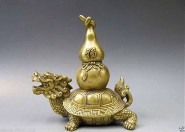 Cinese Ottone Rame Animale Fengshui bottiglia zucca calabash Drago Tartaruga Statua