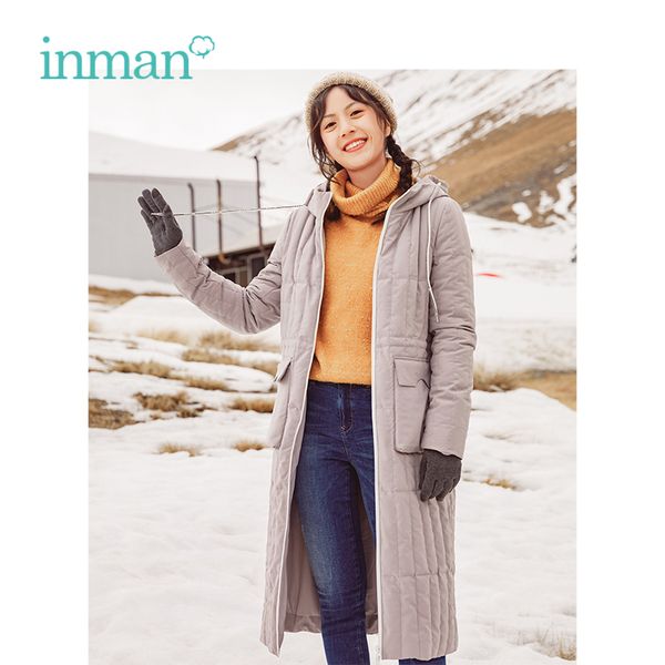 

inman 2018 winter new arrival female hooded warm thin and light long section woman down coat, Black