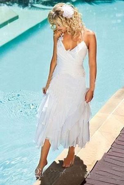 Vestidos de noiva curtos de praia boho, pescoço halter, comprimento de chá, barato, chiffon behomia, sob 100, verão, estilo boho, vestidos de noiva brancos