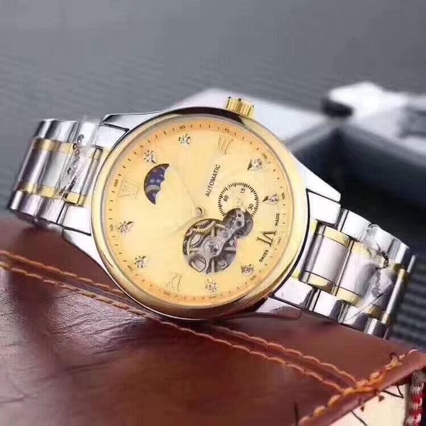 Moda relógios masculinos com volante de diamante com mostrador da fase da lua relógio masculino pulseira de aço inoxidável mecânico automático relógio de pulso masculino para presente de natal do dia dos pais dos homens