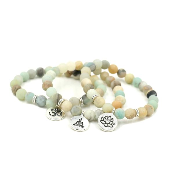 

1pcs 8mm men matte frosted amazonite beads with lotus om buddha charm yoga bracelet silver strand women bracelets jewelry, Black