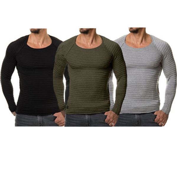 

2018 new mens slim fit knitted long-sleeve muscle tee t-shirt solid pleated workout bodybuilding joggers running t-shirt, Black;blue