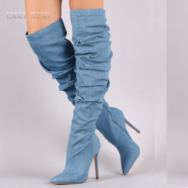 

emma king 2018 winter denim over-the-knee boots women pointed toe stiletto high heel partial side zipper leisure street style, Black