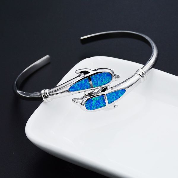 

graceful dolphin design ocean blue opal bangle bracelet with lab created opal stone, Black
