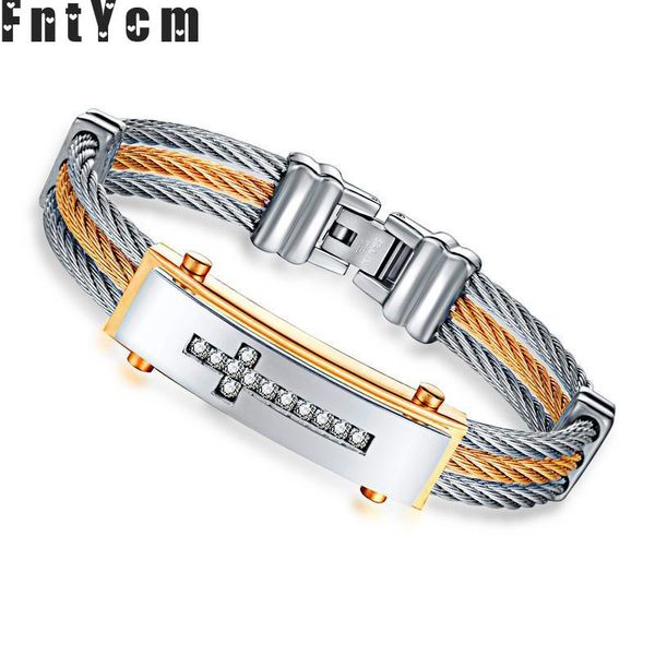 

cross jewelery light surface bracelet between three row stainless punk wire of titanium steel mens bracelets birthday gift, White