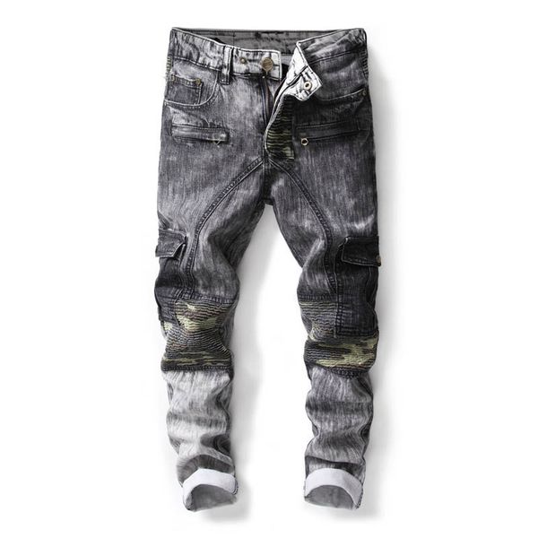 

fashion men pleated faded grey jeans vintage camo patchwork, Blue