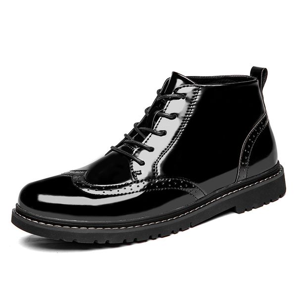

new korean fashion campus student youth brock carved england high-shoes men's glossy business casual wedding shoes dress boots, Black