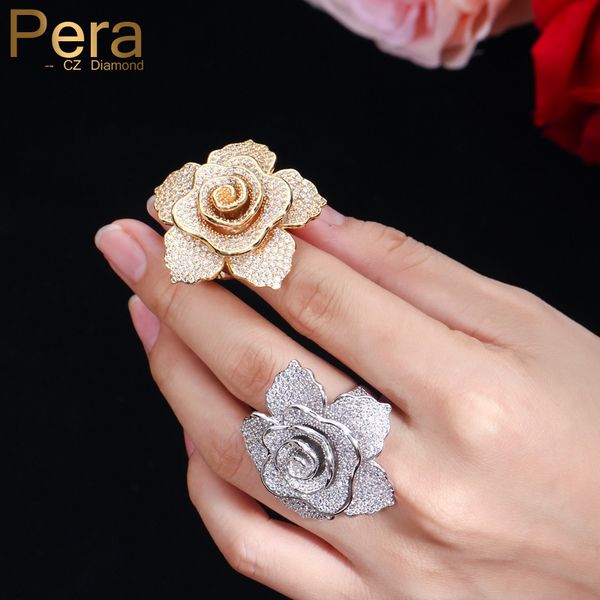 

pera new style jewelry big flower shape cubic zirconia yellow gold color finger rings for women evening party r087, Golden;silver