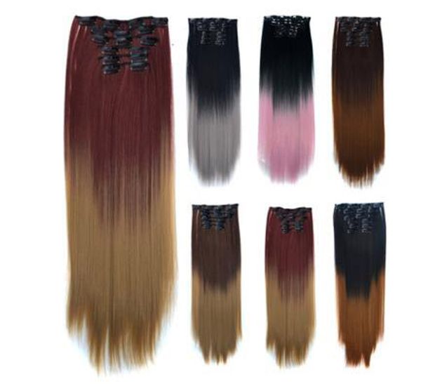 Available 22inchs 16 Clips In Black Brown Hair Extensions Straight Hairstyle Synthetic Hairpieces 120g False Hair Hair Extensions White Girl Sew In