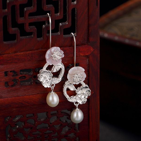 

pure silver plum blossom natural pearl shell earrings, retro personality, artistic joking female earring accessories, Golden;silver