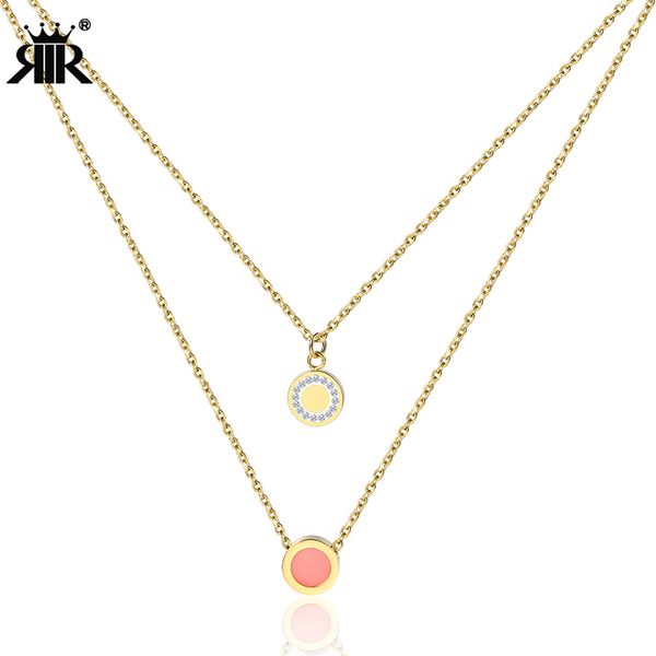 

rir double layered multilayer necklace cute pink bijoux charm round crystal statement necklace women 2018, Silver
