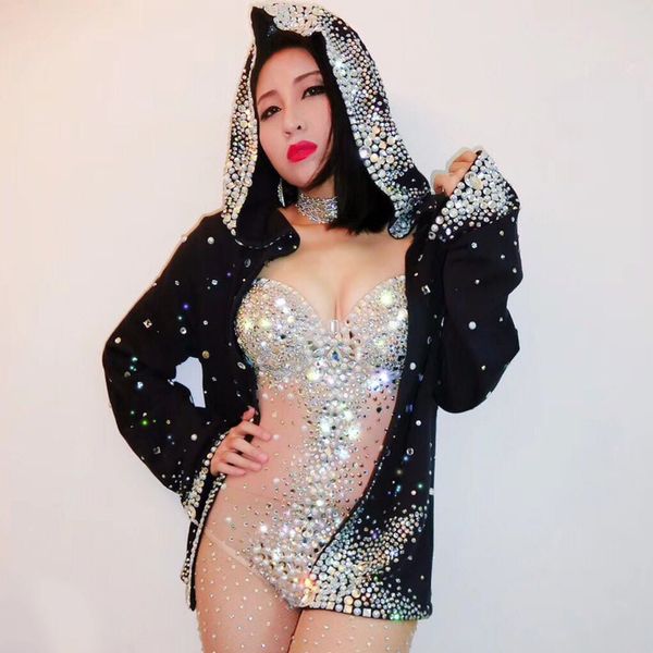 

jazz dance costumes nude crystal bright diamond jumpsuit jacket bar dj nightclub ds singer stage show rave clothes dn1984, Black;red