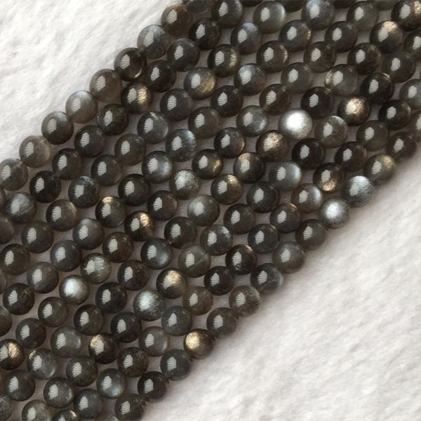 

real genuine natural gray black gold sunstone flash light round loose gemstone ball small beads 6mm 15" 05623