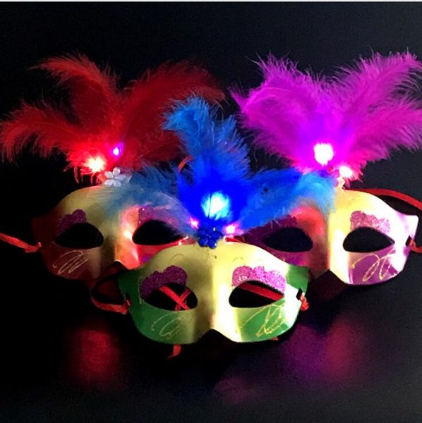Halloween LED-Maske blinkende Feder venezianische Frauen Mädchen Gesichtsmasken Großhandel Maskerade Party Kinder Augenmasken Kostüme sexy Masken