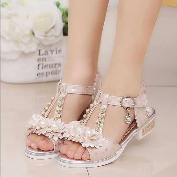 

2018 новые девушки сандалии большие дети плоские жемчужина цветок яркий Алмаз прин