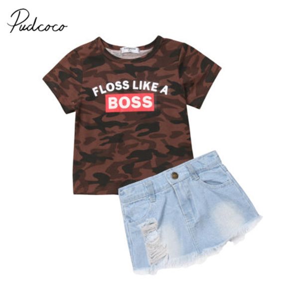 

2019 brand new 1-6y infant kids baby girls 2pcs outfits camo short sleeve t-shirt denim ripped mini skirt outfits clothes, White