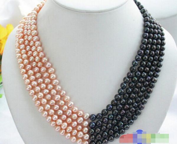 

5row 7mm pink black freshwater pearl necklace, Silver