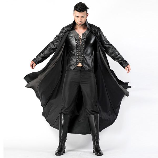

2018 new mens halloween vampire costumes faux leather outfits fancy party devil cosplay dresses with long coat and pants sexy, Black