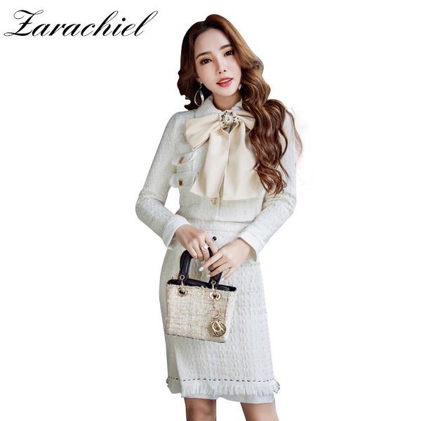 

runway white tweed wool skirt suit 2018 winter 2 piece set women diamonds bow button short jacket coat +tassels pencil skirt set, Gray