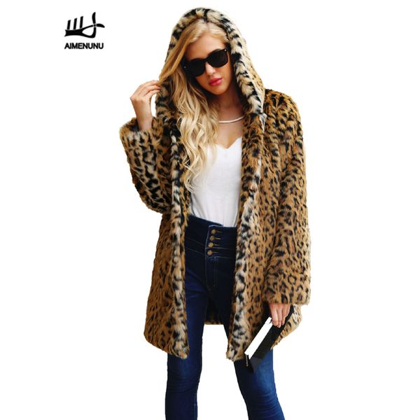

aimenunu luxury faux fur coat women thicken coat winter warm fashion leopard artificial fur women's hooded long coats jacket, Black